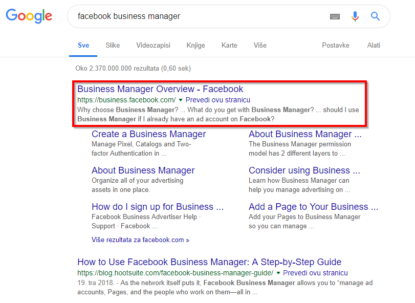 Google tražilica-Facebook Business Manager